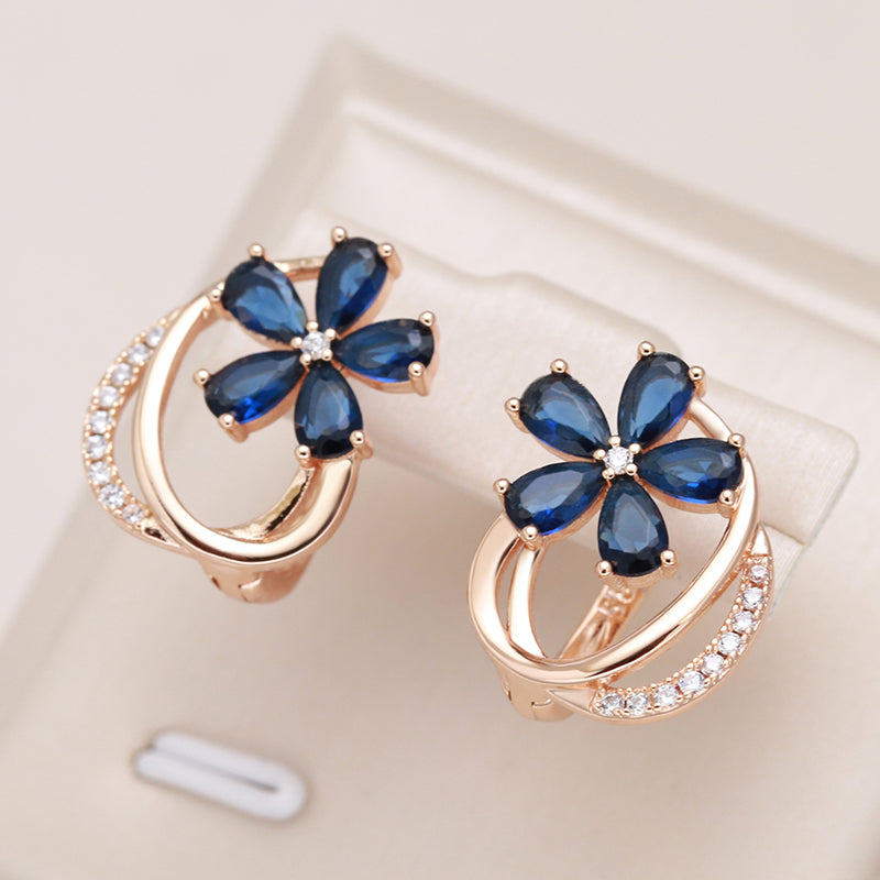 Elegante blaue Kristallblume Gold Ohrringe